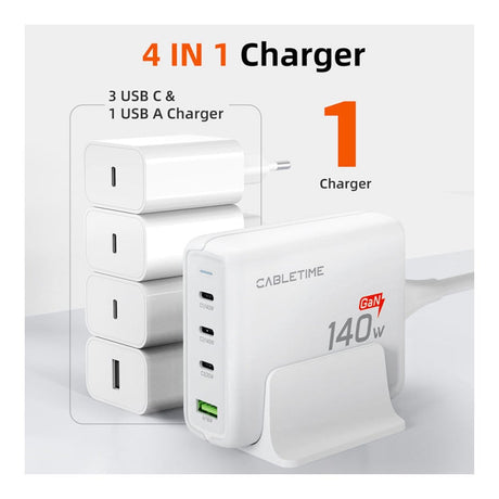 Cabletime 4-in-1 140W GaN USB-C Charging Station White CT-GAN140-PWE
