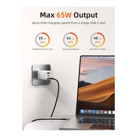 Cabletime GA65W 3-in-1 65W GaN USB-C Wall Charger White CT-GAN65-PW