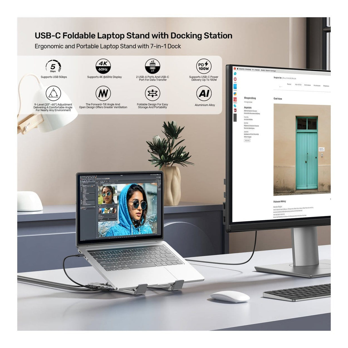 Unitek 7-in-1 USB-C Foldable Notebook Stand with Docking Station D1137AGY01