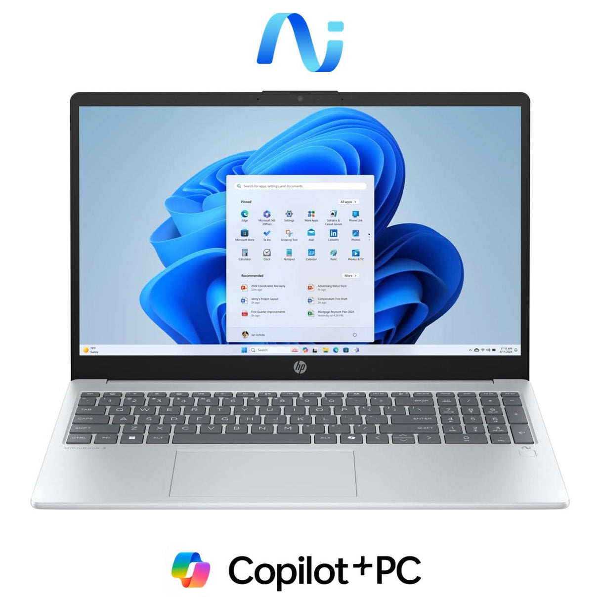 HP OmniBook 3 15-fn0008ni 15.6-inch FHD Next Gen AI Laptop - AMD Ryzen 5 330 512GB SSD 16GB RAM Win 11 Home Glacier Silver