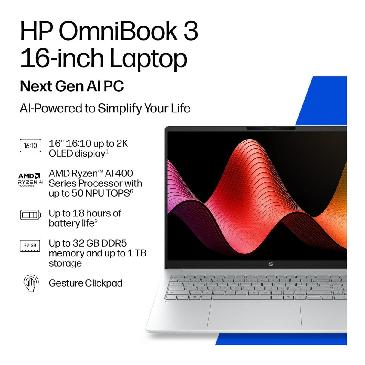 HP OmniBook 3 16-bw0001ni 16-inch 2K AI Laptop - AMD Ryzen 5 230 512GB SSD 16GB RAM Win 11 Home Glacier Silver