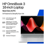 HP OmniBook 3 16-bw0001ni 16-inch 2K AI Laptop - AMD Ryzen 5 230 512GB SSD 16GB RAM Win 11 Home Glacier Silver