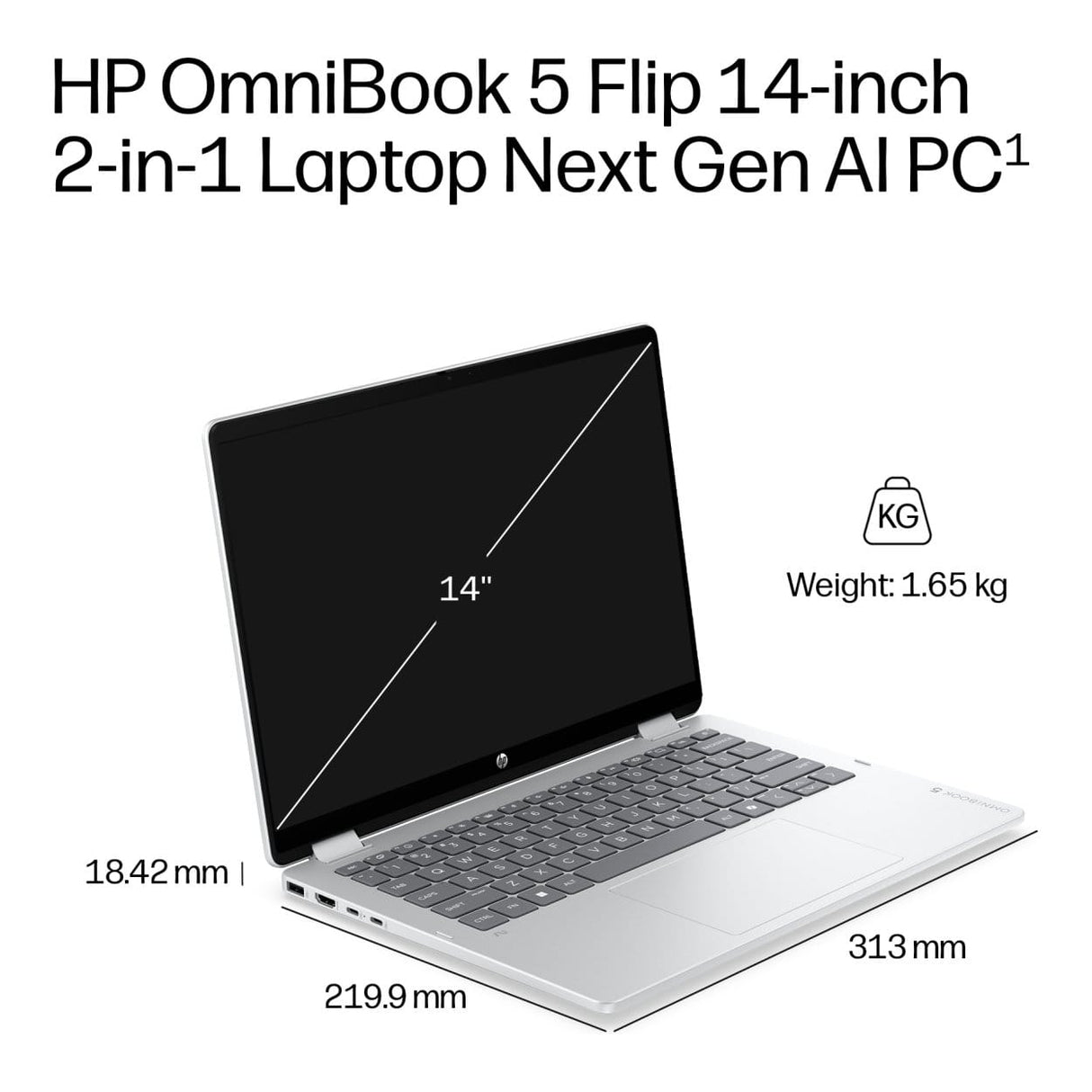 HP OmniBook 5 Flip 14-km00 14-inch 2K Next Gen AI 2-in-1 Laptop - Intel Core Ultra 7 355 512GB SSD 16GB RAM Win 11 Home Glacier Silver