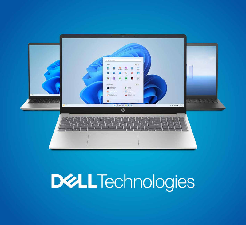 A silver Dell Technologies laptop is centered in front of two darker gray laptops on a blue gradient background, with the Dell Technologies logo printed below.