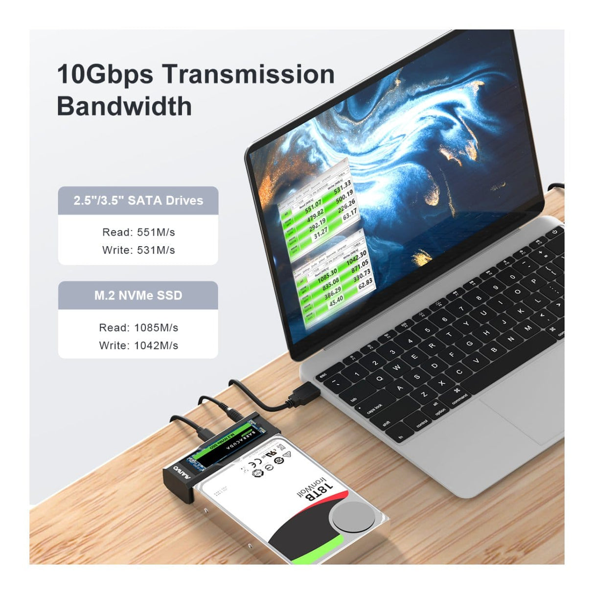 Maiwo K10635N Dual Bay USB-C Storage Drive Enclosure Duplicator DS-NVME-SATA-HDD