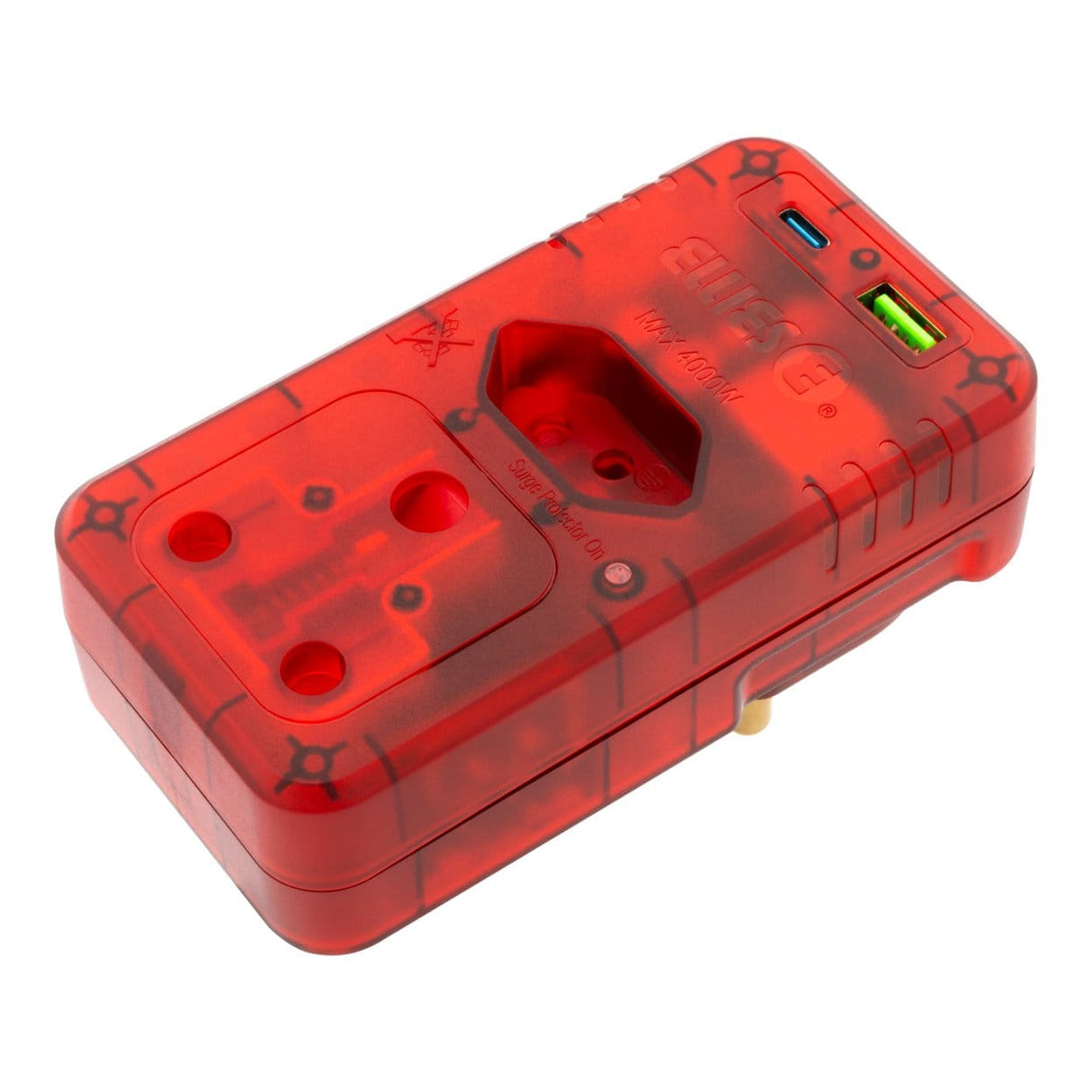 Ellies 2-Way High Surge Adaptor with PD20W USB-C and USB Slots Red ELL-8503-RD