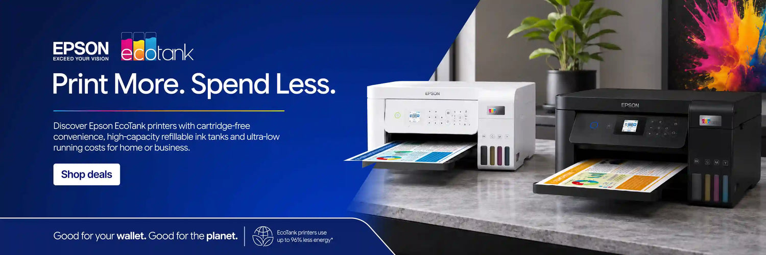 Promotional banner for Epson EcoTank printers showing a white Epson EcoTank printer on the left and a black Epson EcoTank printer on the right, both with colorful ink cartridges and printed paper trays, set against a dark blue and gray background with promotional text.