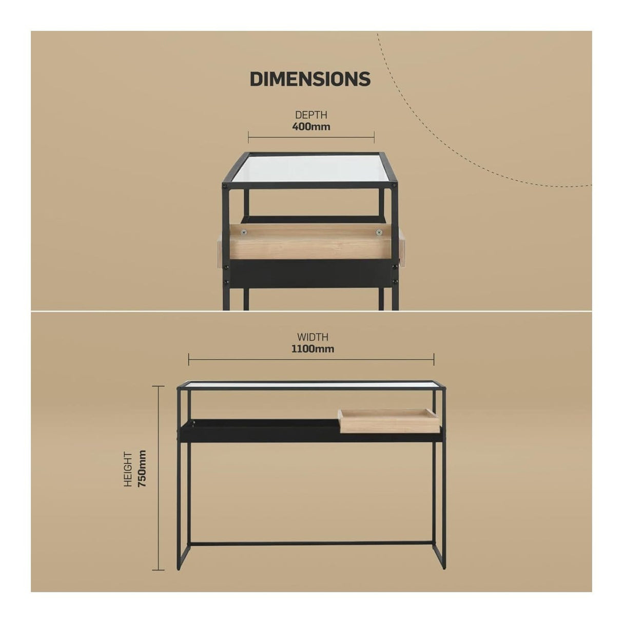 Everfurn Millenium Console Powder Coated Steel Frame with Tempered Glass FD-CON-01