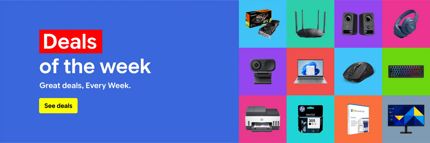 Promotional banner with the text 'Deals of the week' on a blue background and a grid of colorful product icons including electronics, office items, and software on the right.