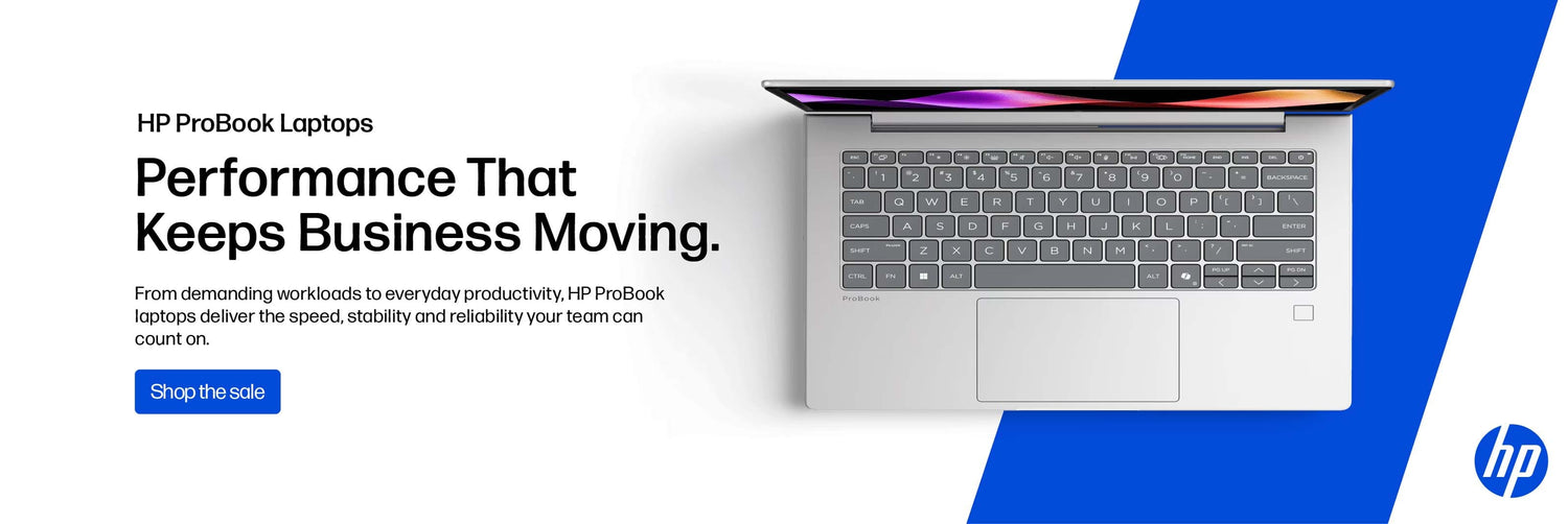 HP ProBook laptop shown open on a white and blue promotional graphic with text reading 'Performance That Keeps Business Moving.' and the HP logo in the corner.