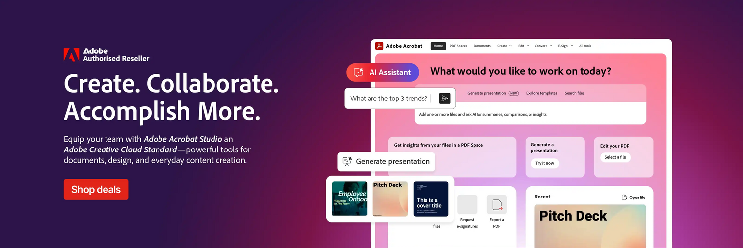 Promotional banner for Adobe Authenticator Reader with a dark purple-to-magenta gradient background, featuring the Adobe logo and tagline 'Create. Collaborate.
