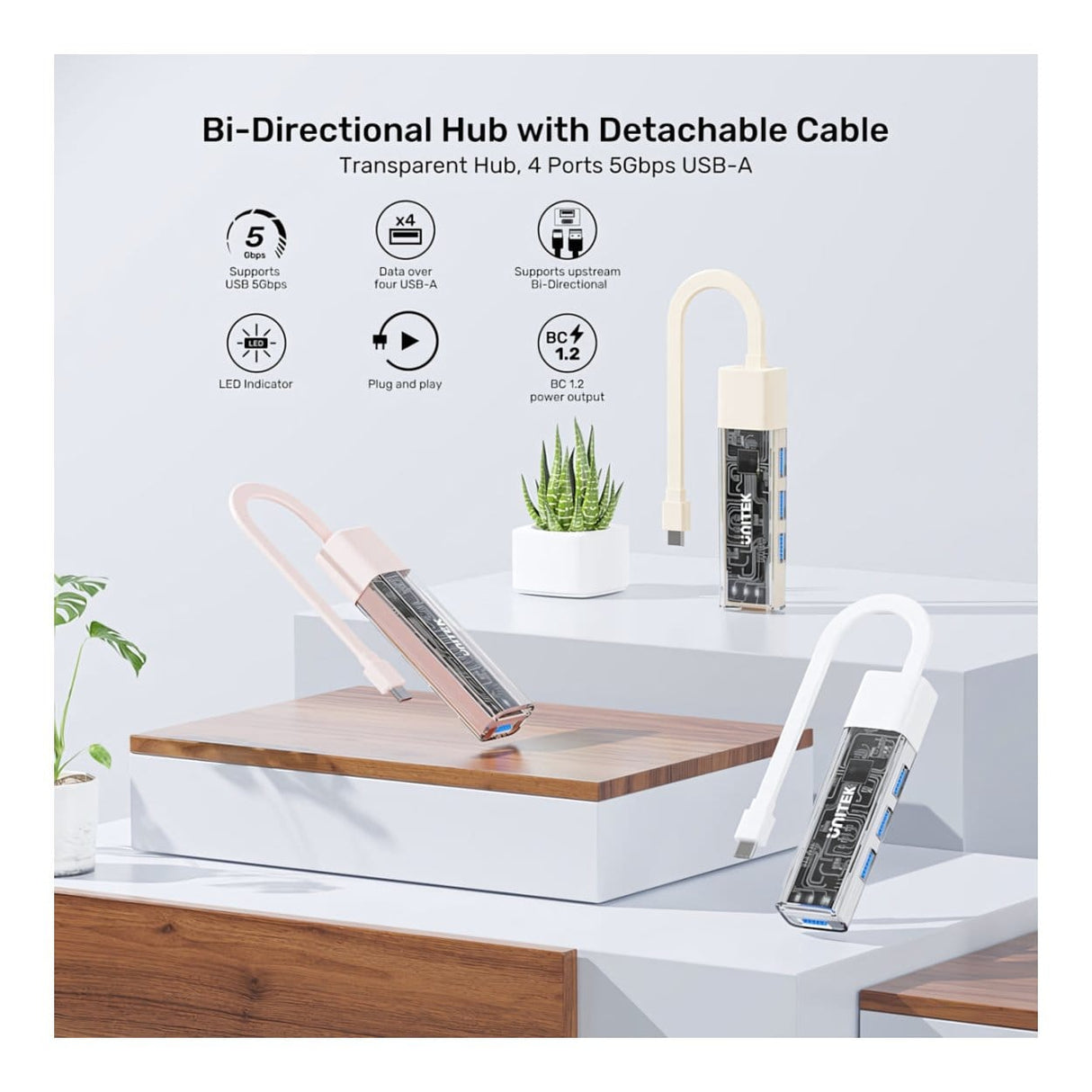 Unitek 4-in-1 USB-C Hub with 4-port USB-A Bi-Directional Hub with Detachable Cable Pink H1319APK01