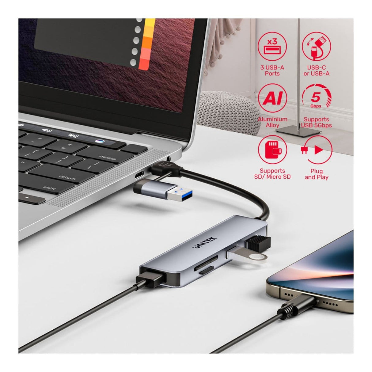 Unitek uHUB P5+ 5-in-1 USB Hub with Memory Card Reader H1320AGY01