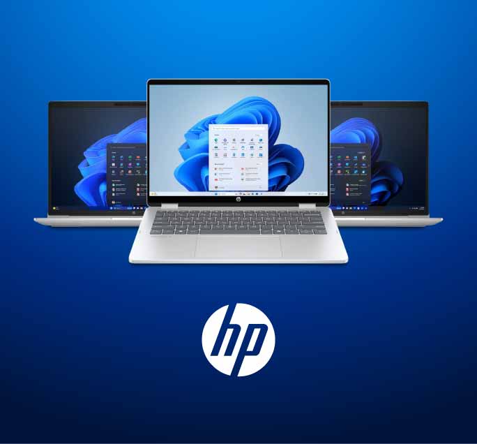 Three HP laptops are shown against a blue gradient background, with the center laptop open and the two behind it closed. The HP logo is displayed below.