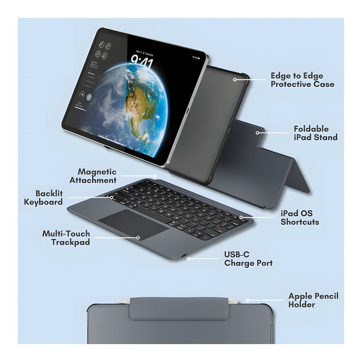 Macally iPad Pro 11-inch Case with Keyboard and Track Pad - Black IPKBCASEP11
