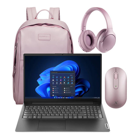 Lenovo V15 AMD Ryzen 5 15.6-inch Win 11 Home Laptop and Mouse & Backpack & Headphone Ladies Bundle - Pienk