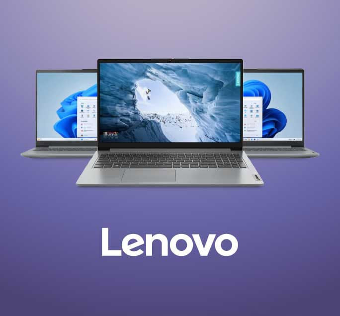 Three Lenovo laptops are shown floating against a purple gradient background, with the center laptop in front and the other two behind it. The laptops have silver aluminum bodies and are turned on, displaying blue and white screens.