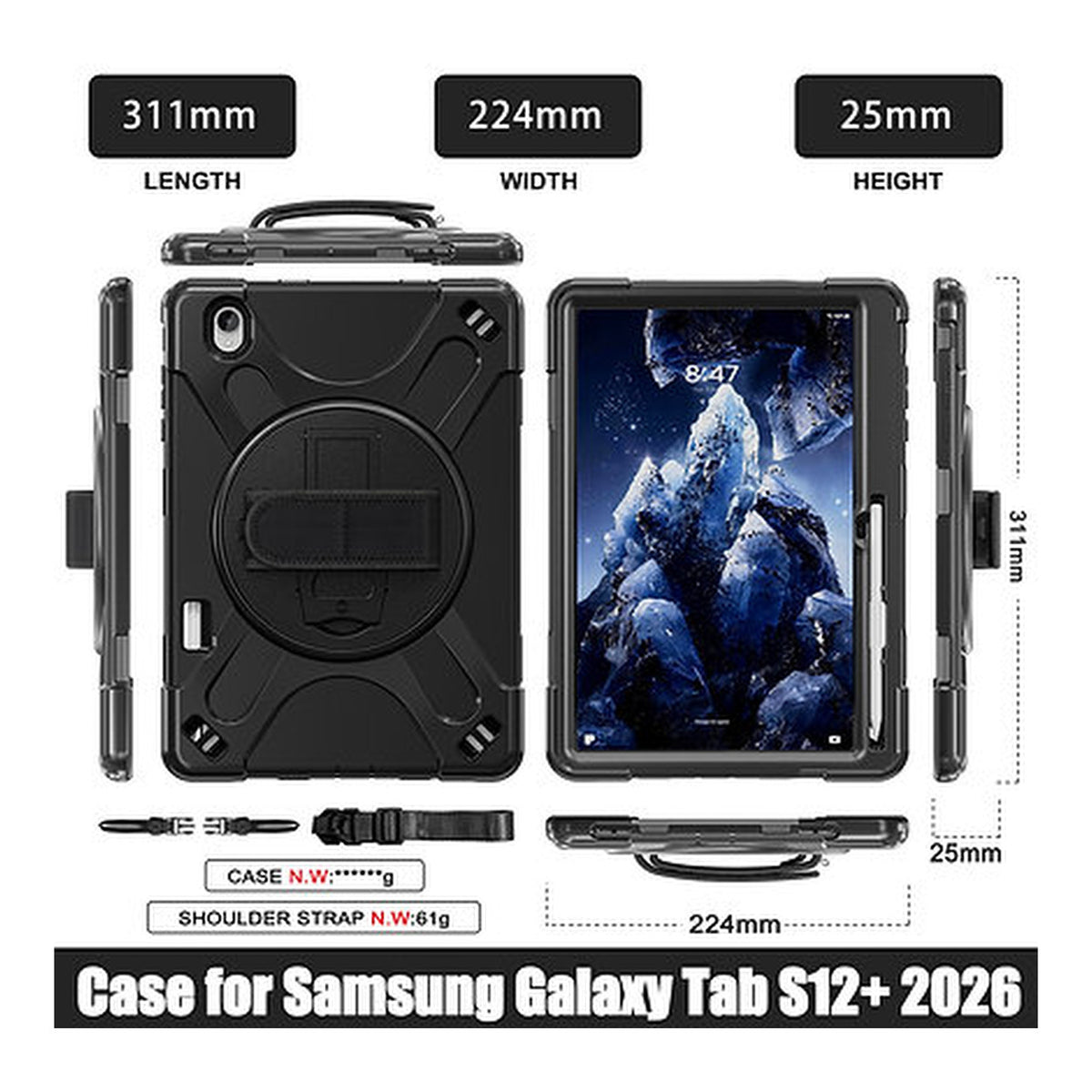 Tuff-Luv Armour Jack Rugged Case with Armstrap, Handstrap and Pen Holder for Samsung Galaxy Tab S12+ 12.4 Black MF4628