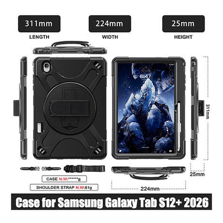 Tuff-Luv Armour Jack Rugged Case with Armstrap, Handstrap and Pen Holder for Samsung Galaxy Tab S12+ 12.4 Black MF4628