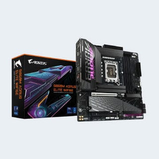 AORUS BREAM ACQUIRE ELITE WIFI 11 motherboard shown next to its retail packaging box on a light gray background.