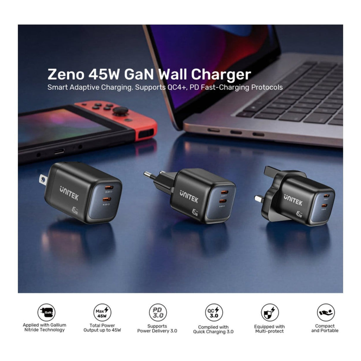 Unitek Zeno 45W 2-port GaN Wall Charger P1129ABK