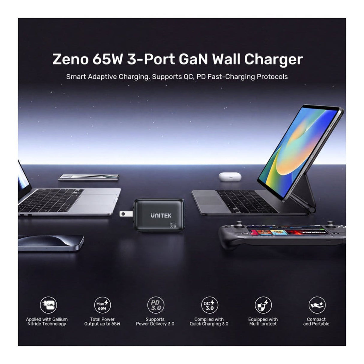 Unitek Zeno 65W 3-port GaN Wall Charger P1130ABK