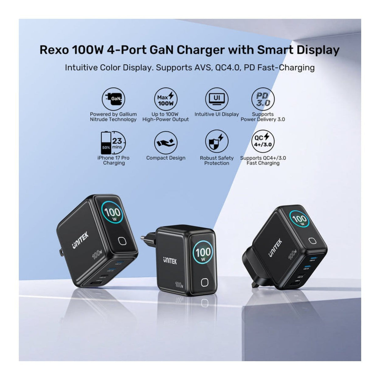 Unitek Rexo 100W 4-port GaN Charger with Smart Display P1131ABK-EU