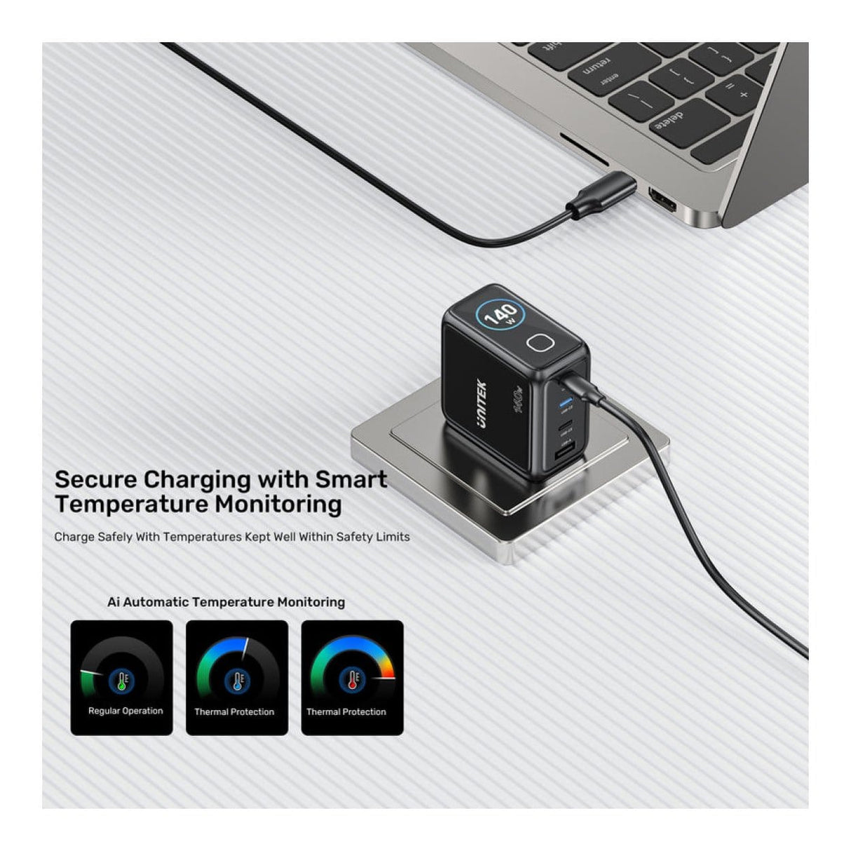 Unitek Rexo 140W 4-port GaN Charger with Smart Display P1132ABK-EU