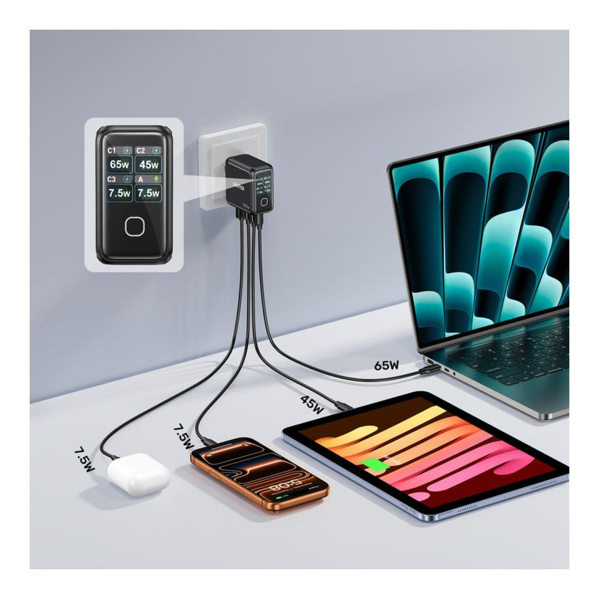 Unitek Rexo 140W 4-port GaN Charger with Smart Display P1132ABK-EU