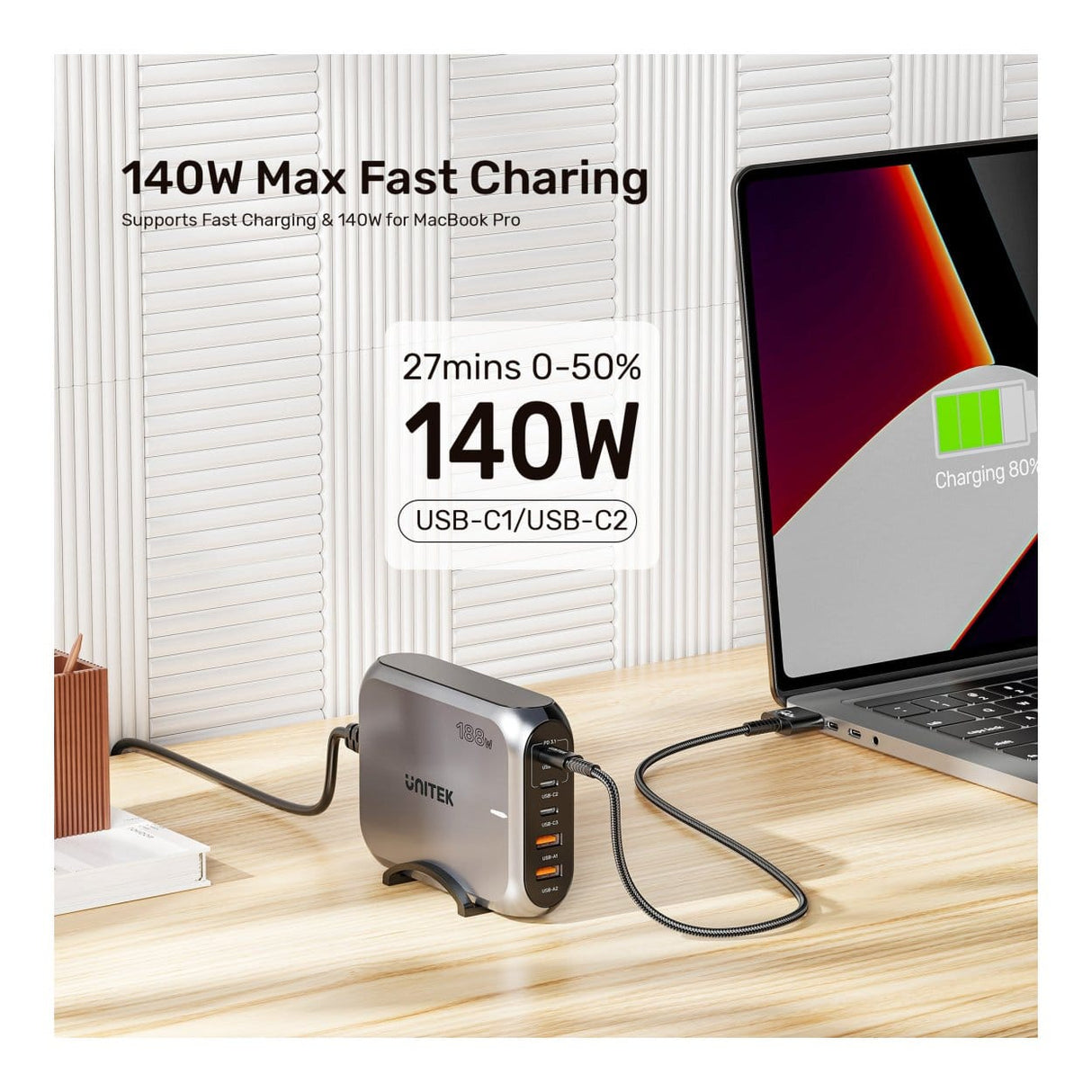 Unitek 188W 5-port PD3.1 Desktop GaN Charging Station P1234AGY01-UK