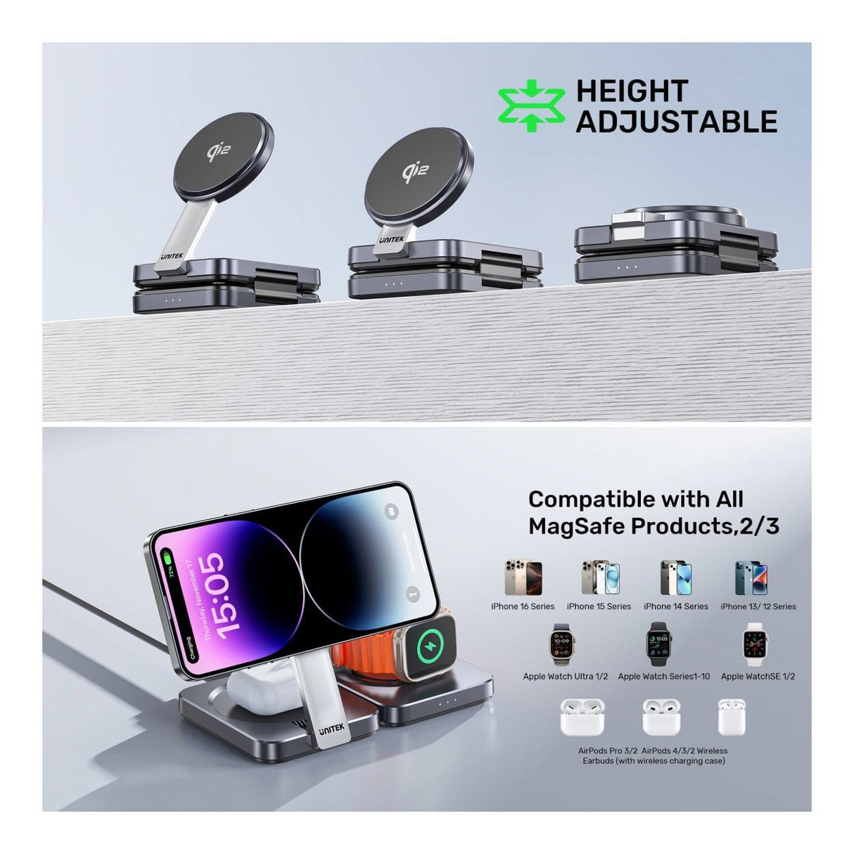 Unitek Qi2 Foldable 3-in-1 Charging Station P1300AGY01
