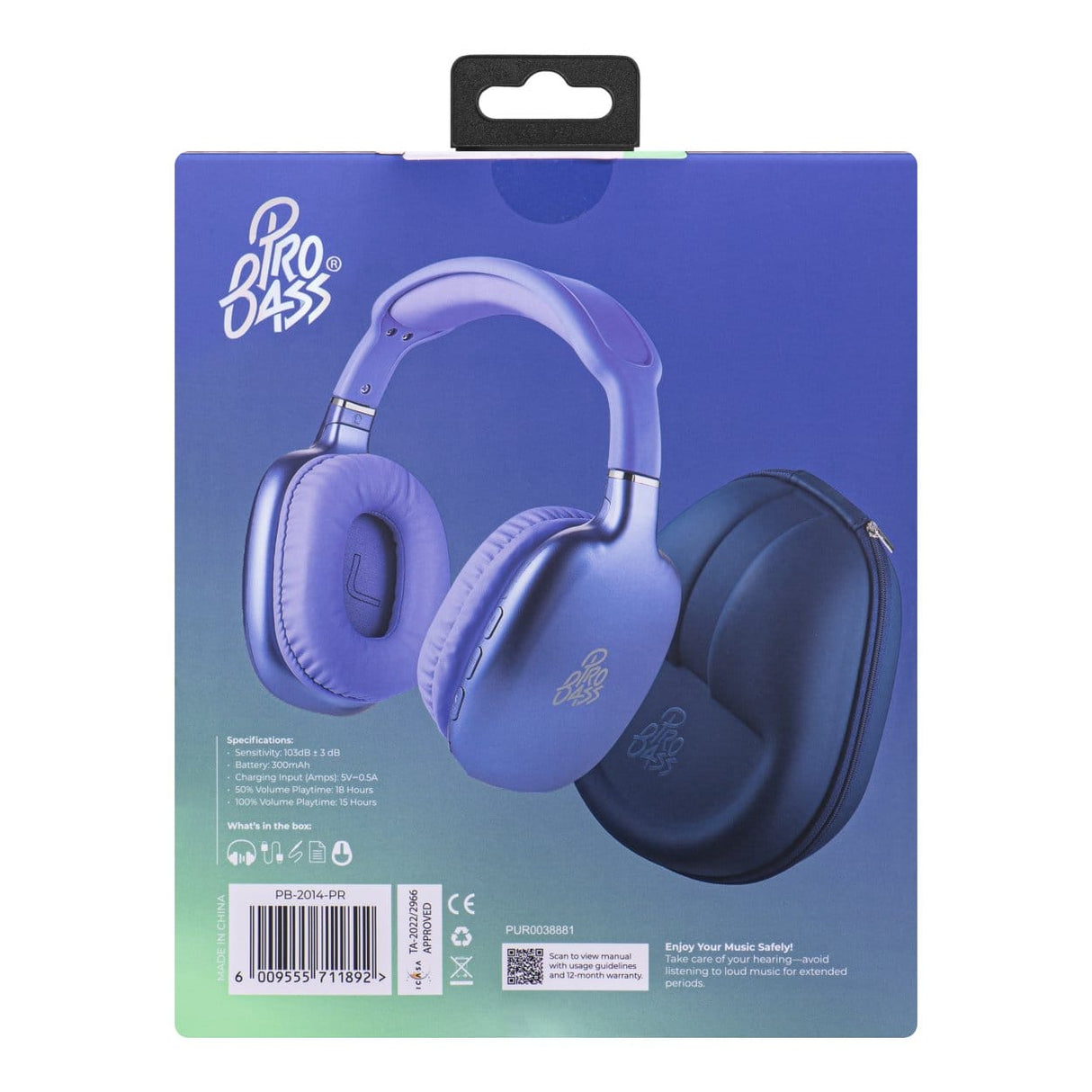 Pro Bass Retro Wireless Headphone Purple PB-2014-PR