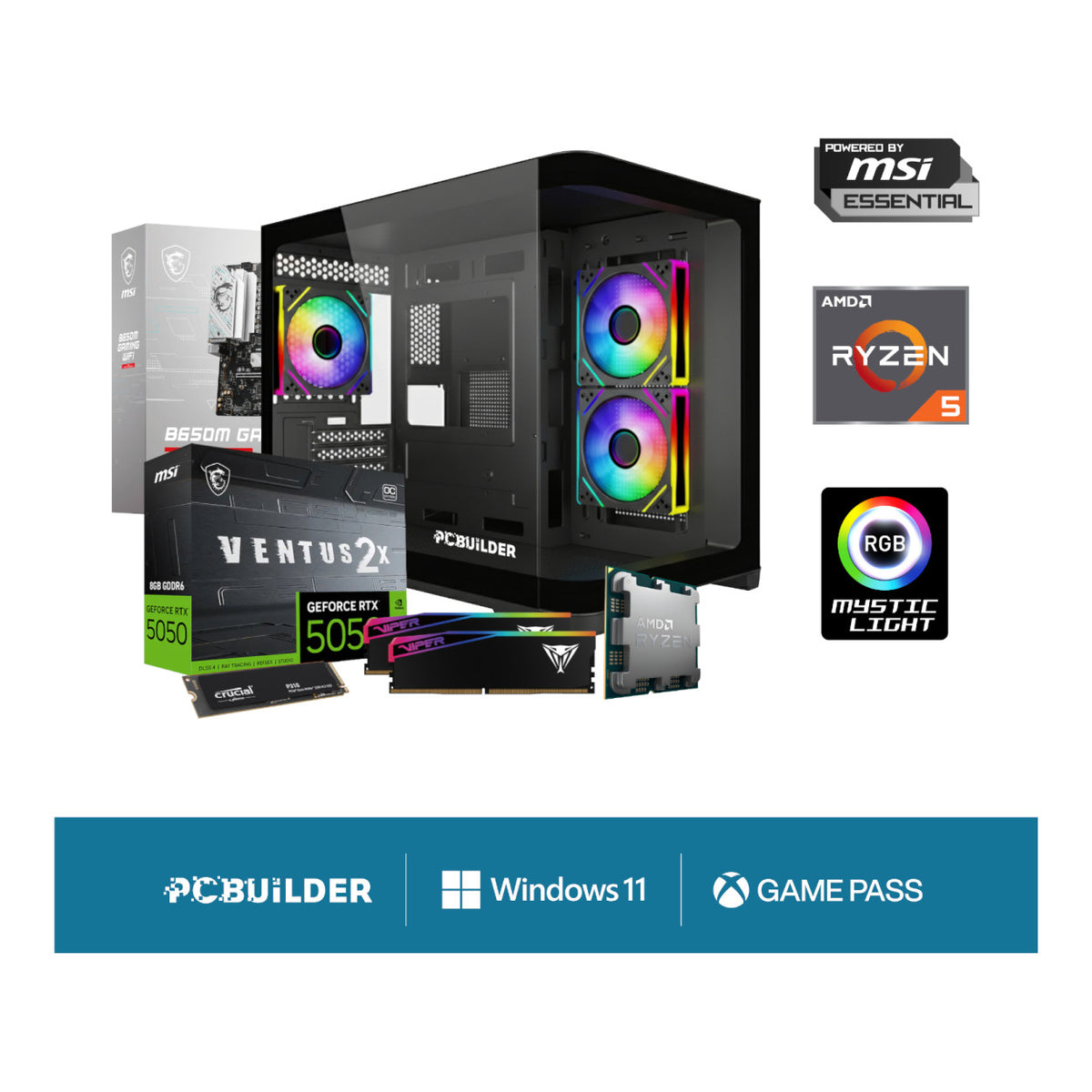 PCBuilder RECON Gaming Desktop PC - AMD Ryzen 5 8400F 1TB SSD 16GB RAM RTX 5050 Win 11 Home