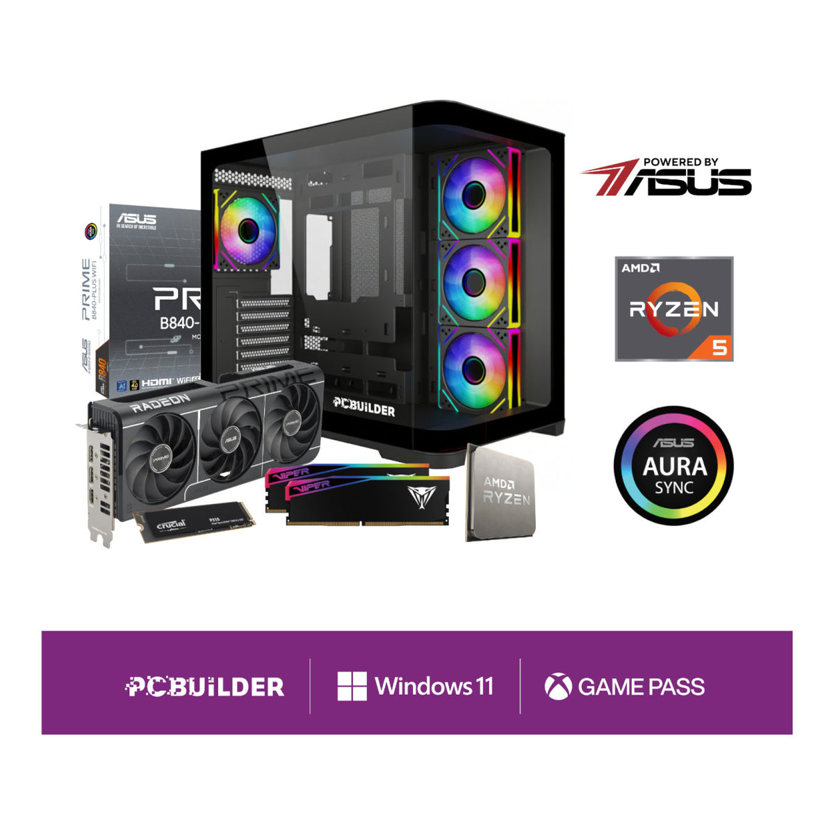 PCBuilder SEEKER Gaming Desktop PC - AMD Ryzen 5 7600 1TB SSD 32GB RAM Radeon RX 9060 XT Win 11 Home