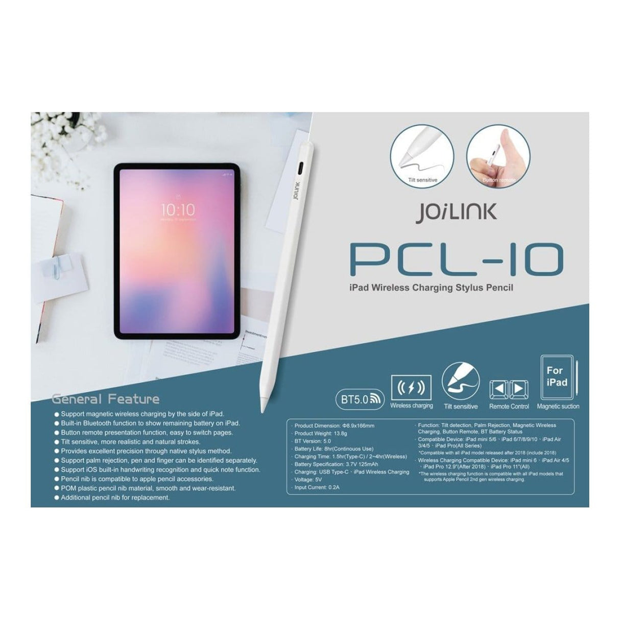 JoiLink PCL-10 iPad Wireless Charging Stylus Pen White