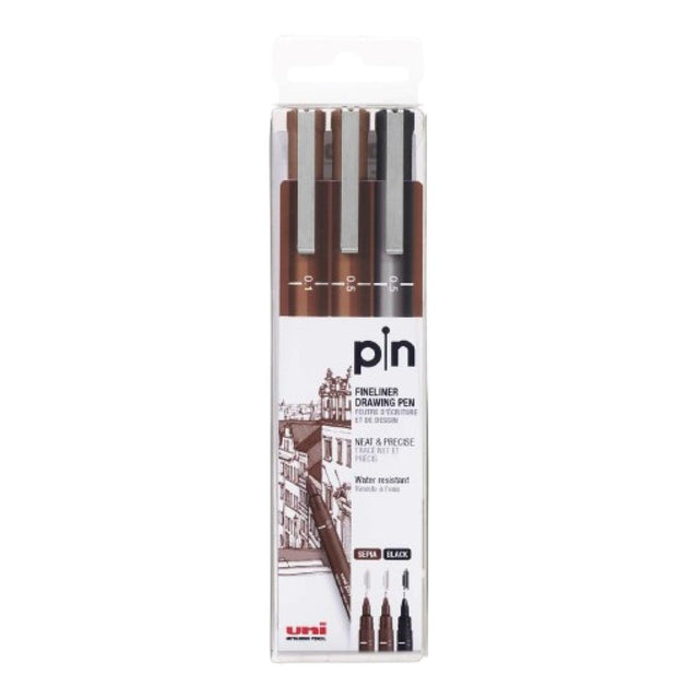 Uni-Ball UNI PIN-200(S) Drawing Pen Set - Sepia and Black 3-pack PIN-SET3-SEPIABLK