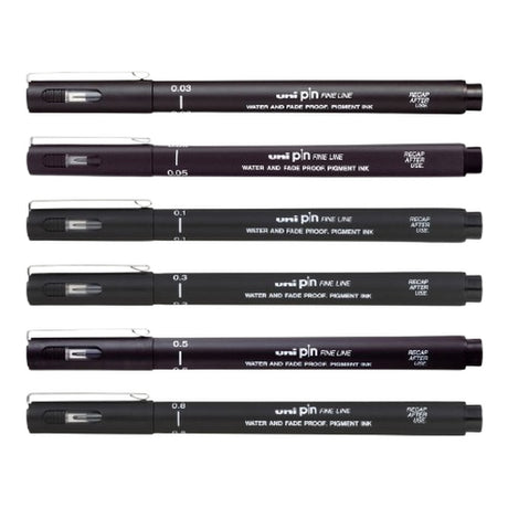 Uni-Ball UNI PIN-200(S) Drawing Pen Set - Black 6-pack PIN-SET6-BLK