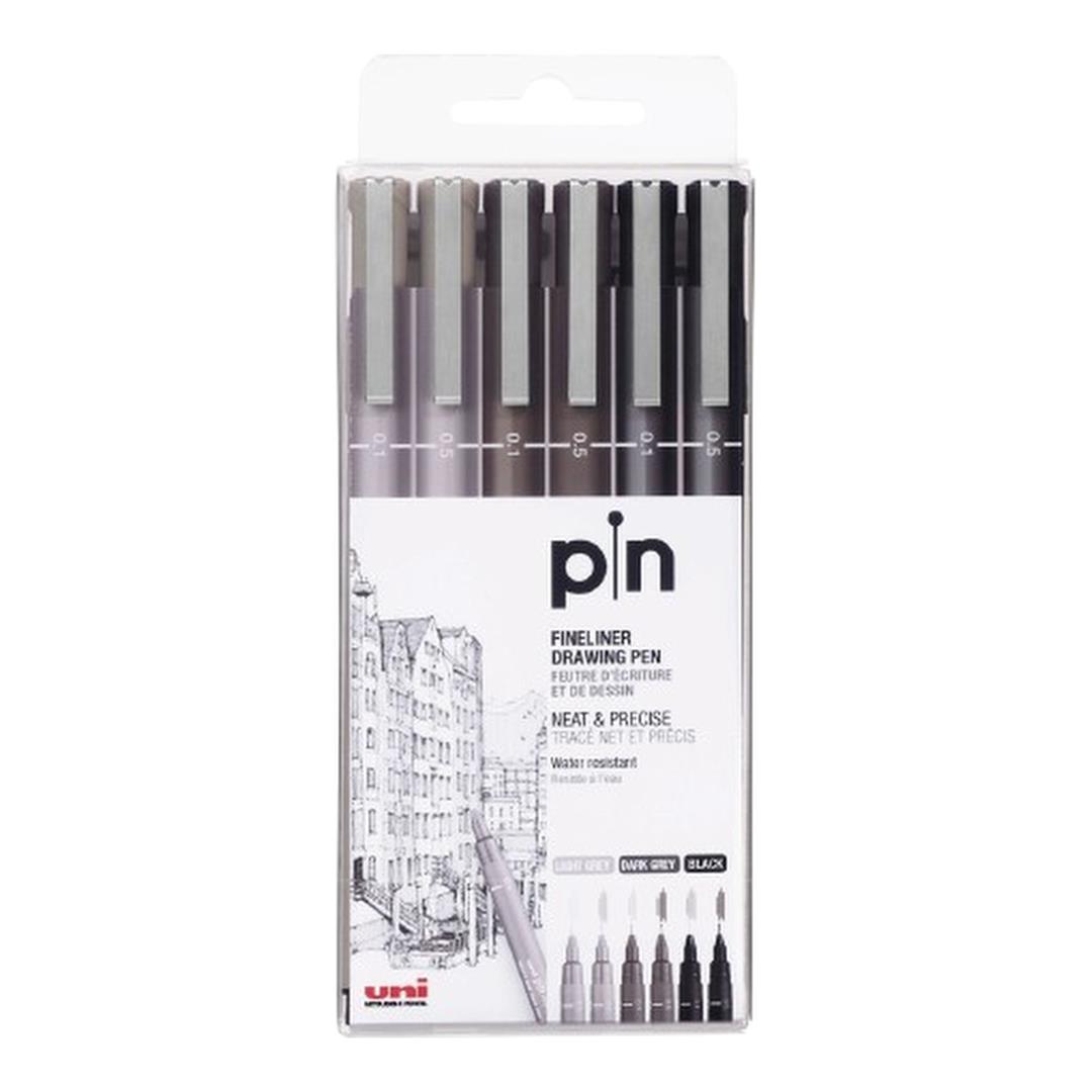 Uni-Ball UNI PIN-200(S) Drawing Pen Set - Grey and Black 6-pack PIN-SET6-GRYBLK