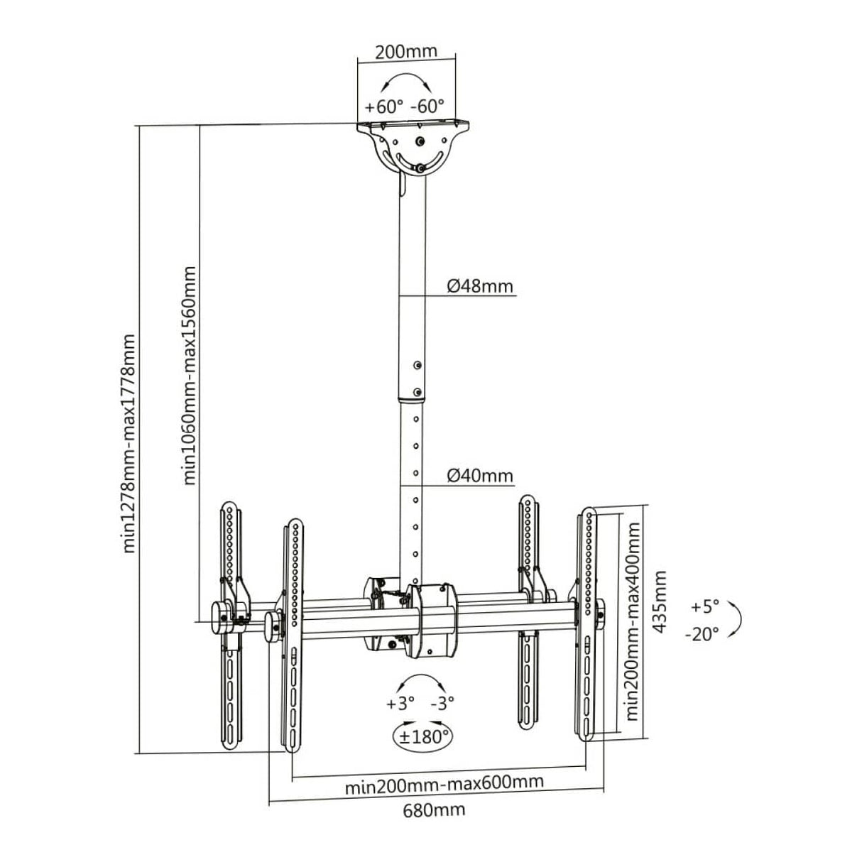 LinkQnet 37 tot 70-inch 45KG x2 Telescopic Height Adjust Ceiling Mount Bracket Black PLB-CE946-01LD