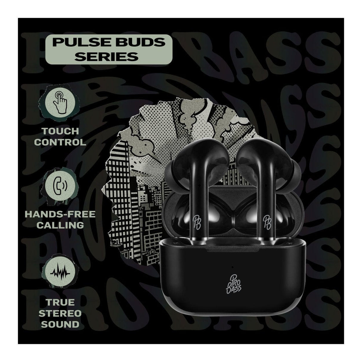 Pro Bass Pulse True Wireless Earbuds with Charging Case Black PR-1119-BK