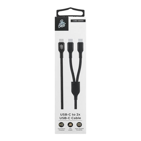Pro Bass 1.2m Cord Series 15W USB-C to 2x USB-C Braided Charging Cable Black PR-30012-BK