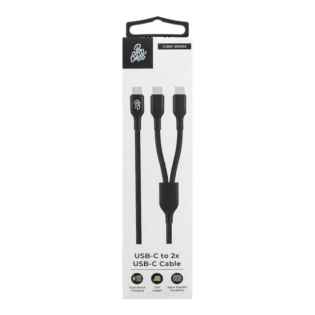Pro Bass 1.2m Cord Series 15W USB-C to 2x USB-C Braided Charging Cable Black PR-30012-BK