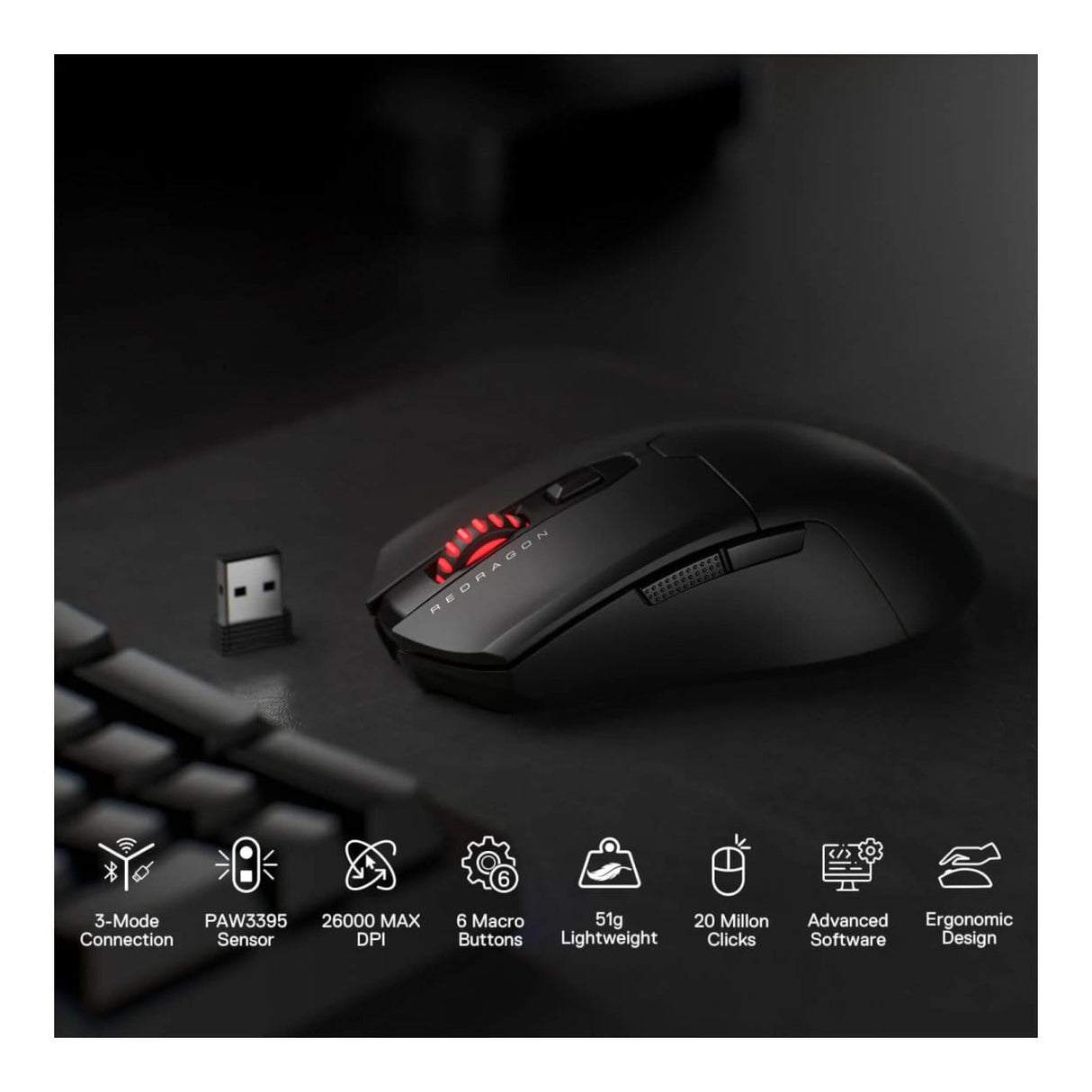 Redragon FYZU M995 Pro Wireless Gaming Mouse - Black RD-M995-PRO