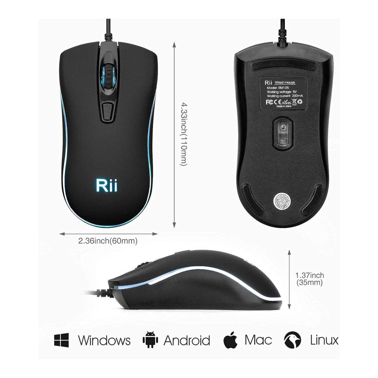 RII RM105 RGB Wired Mouse Black