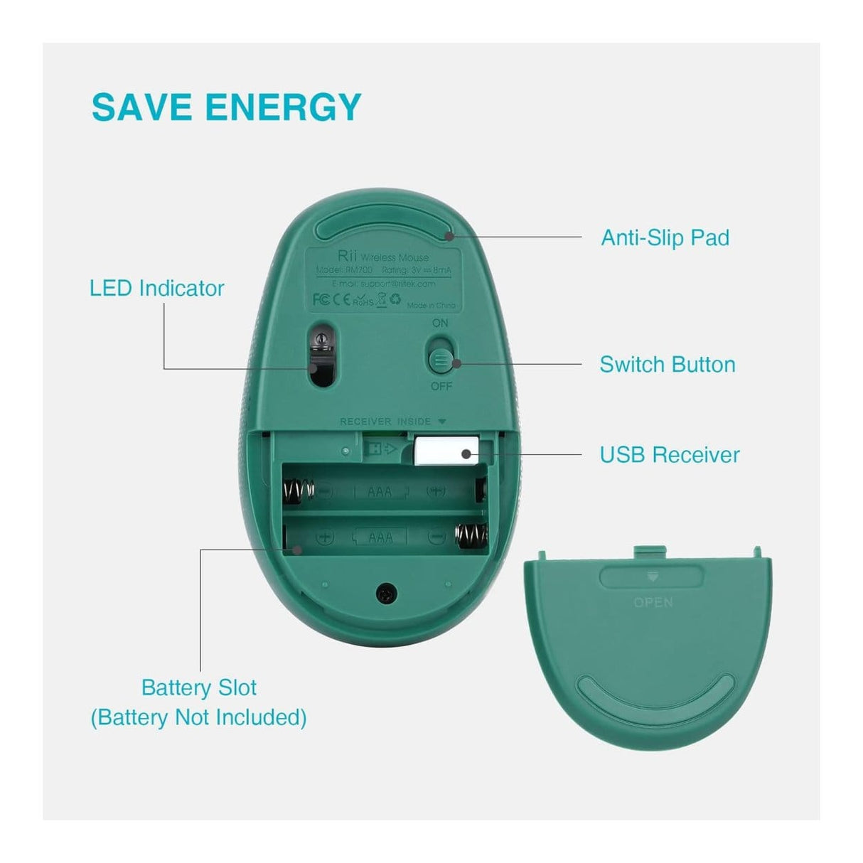 RII RM700-GRN Silent 2.4G Wireless Mouse Green