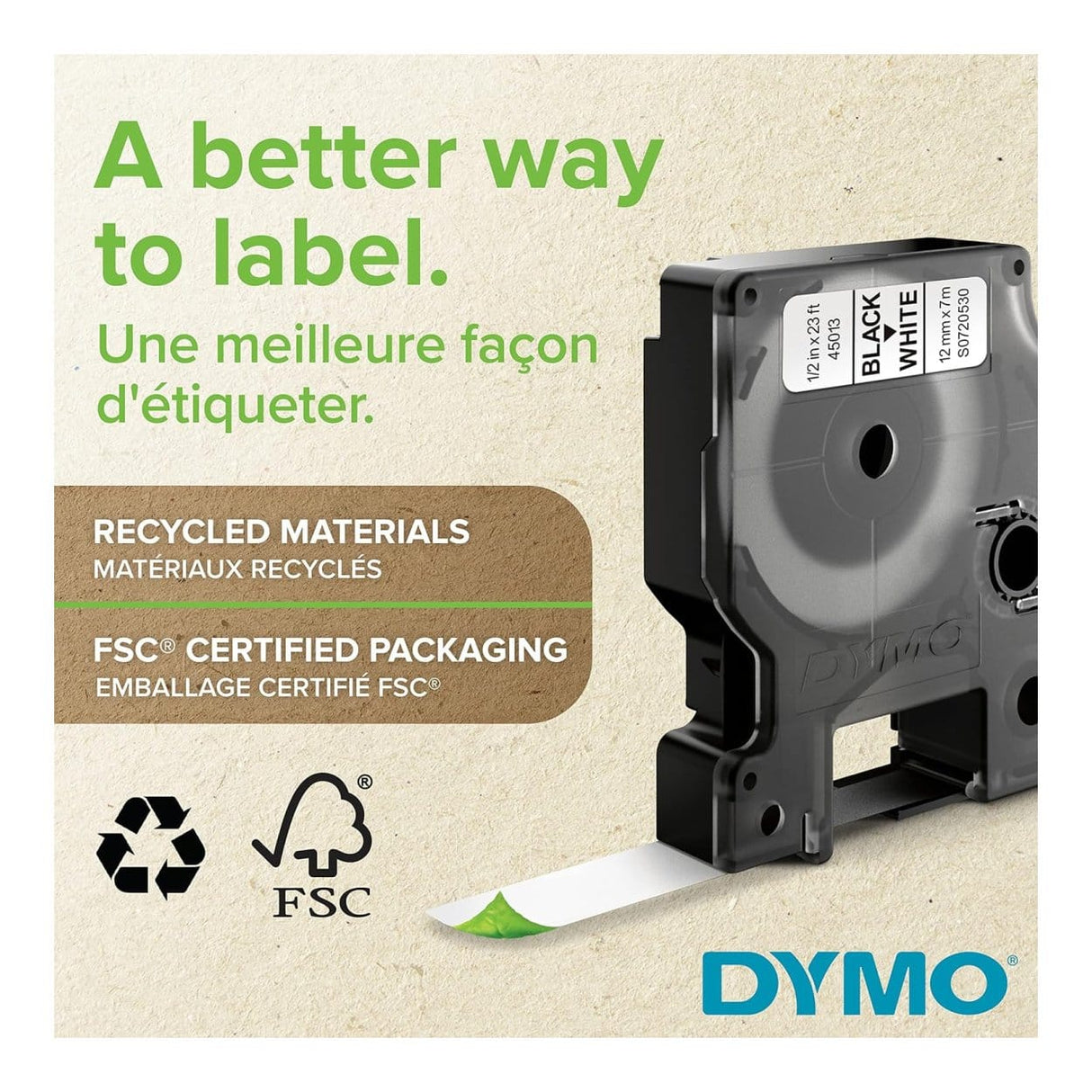 Dymo D1 Standard White On Black Label Cassette 12mmx7m S0720610