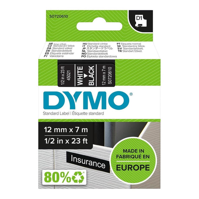 Dymo D1 Standard White On Black Label Cassette 12mmx7m S0720610