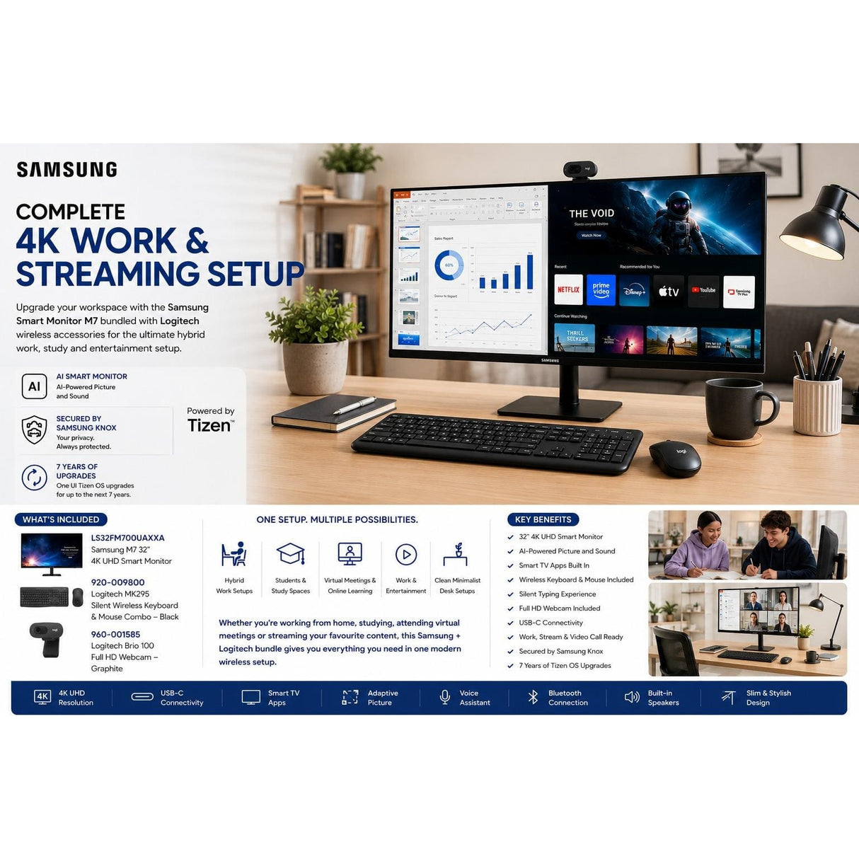 Samsung M7 M70F 32-inch 4K UHD Smart Monitor + Logitech MK295 + Logitech Brio 100 Webcam Bundle