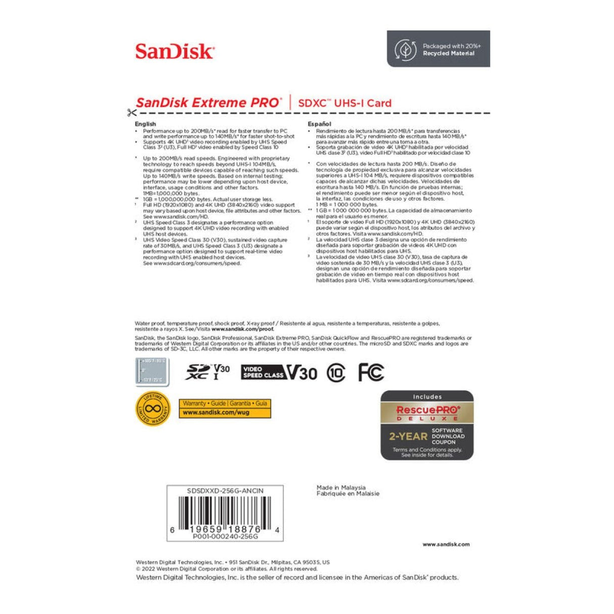 SanDisk Extreme PRO 256GB SDXC UHS-I Class 10 Memory Card SDSDXXD-256G-GN4IN
