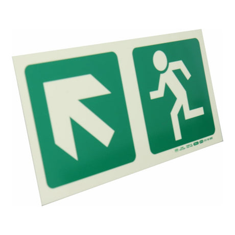 Parrot Photoluminescent 190mm Safety Sign E12 Diagonal Arrow Up And Left and Running Man SNP19E12